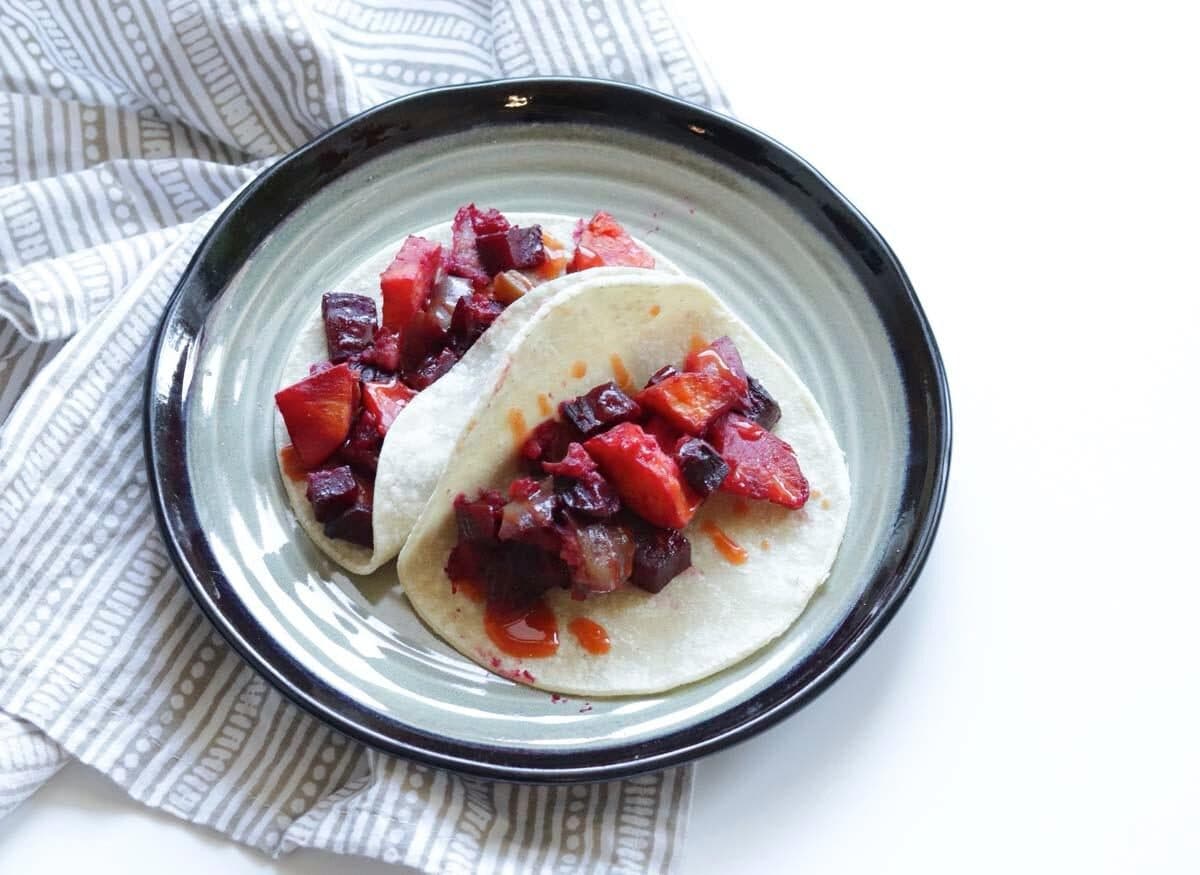 Beet + Sweet Potato Breakfast Tacos